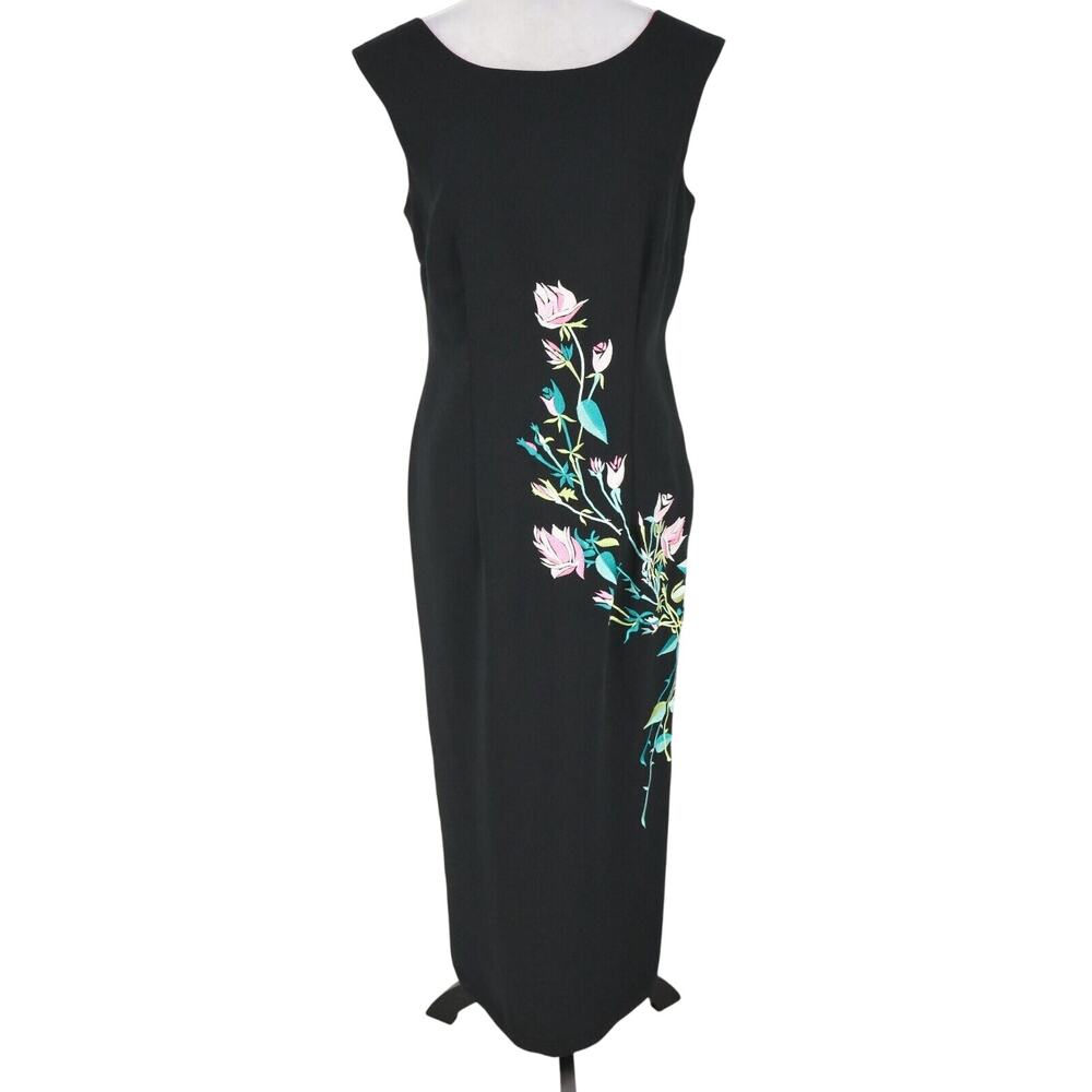 Citi Dress Gown Womens 10 Black Floral Embroidered Lined Sheath Long Back Zip